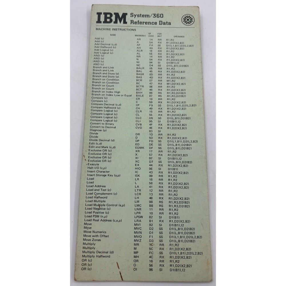 IBM SYSTEM/360 REFERENCE DATA BROCHURE X20-1703-9 USED‎